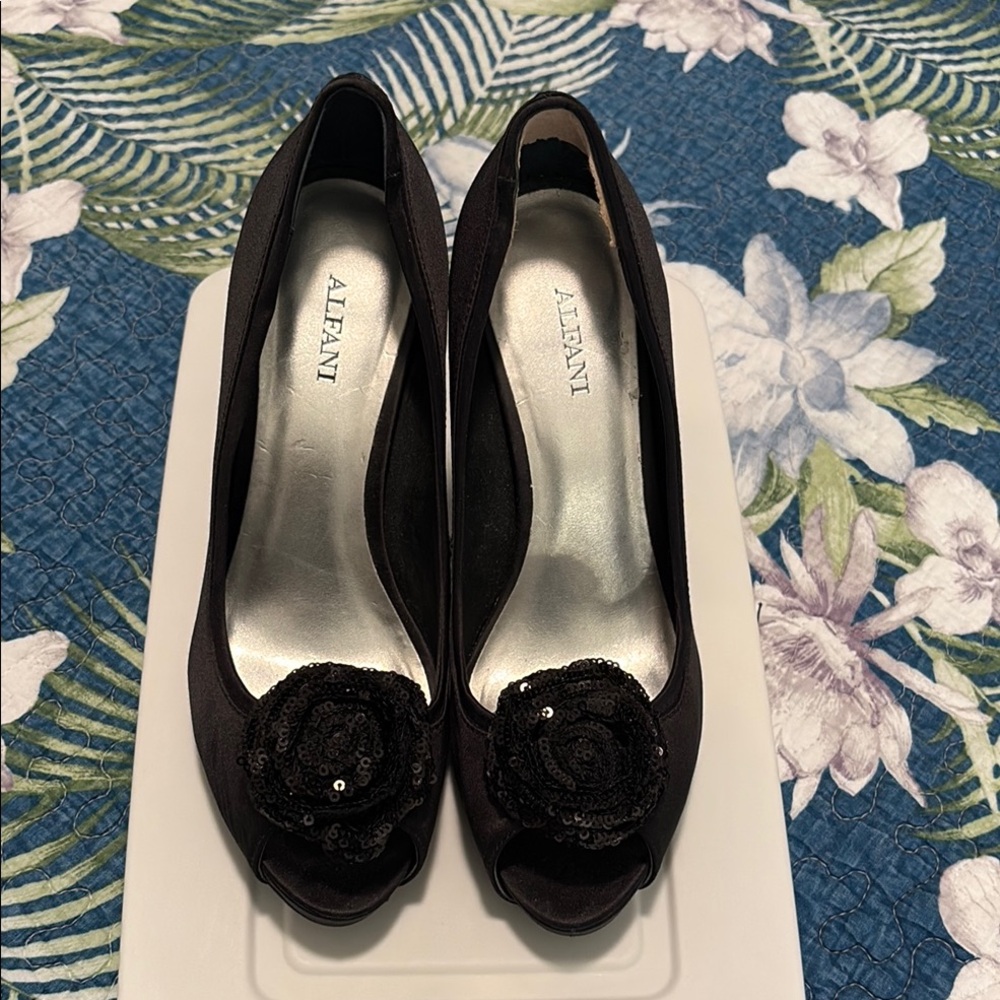 Alfani Black Satin Heeled Peep Toe Pumps with Sequin Flower Embellishment